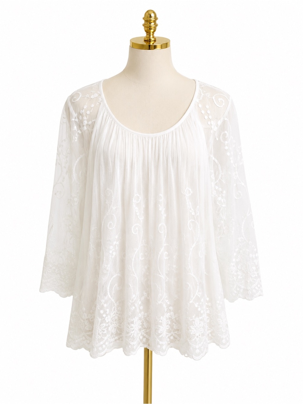 Bellambra Cotton Blend White Embroidered Chiffon Layered Peasant Blouse